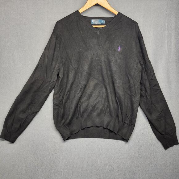 Polo Ralph Lauren Sweater XL Black Pima Cotton V Neck Purple Pony Preppy Casual - Picture 7 of 7